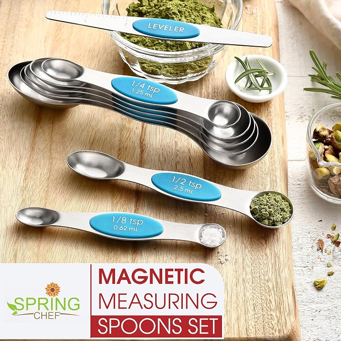 Spring Chef Stainless Steel 8 Magnetic Measuring Spoons for Kitchen, Teal | Dual Sided Metal Teaspoon & Tablespoon Measuring Spoons with Leveler for Dry & Liquid Ingredients, Stackable, Dishwasher Safe