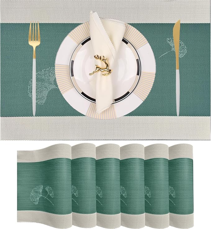 PIGCHCY Rustic Placemats Set of 6, Easy to Clean Placemats Washable Non-Slip Luxurious Durable Table Mats for Home/Dining Room Decoration (Green,18 X 12 inches)