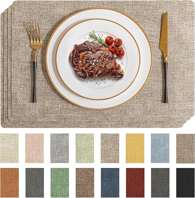 Romanstile Vinyl Placemats Set of 4-12 X 17 Inch - Faux Leather 100% Waterproof Wipeable Anti Slip Place Mats, Heat Resistant Reversible PU Table Mats for Kitchen Dining Party Outdoor, Khaki
