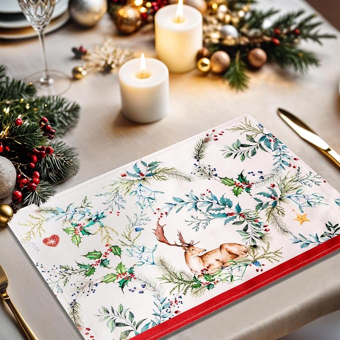 Maison d' Hermine Placemats Set of 4 Reusable 100% Cotton (13"x19") | Cloth Place Mats Washable Table Mats for Kitchen Dining Party Wedding Hotel Home Thanksgiving Christmas - Holly Time