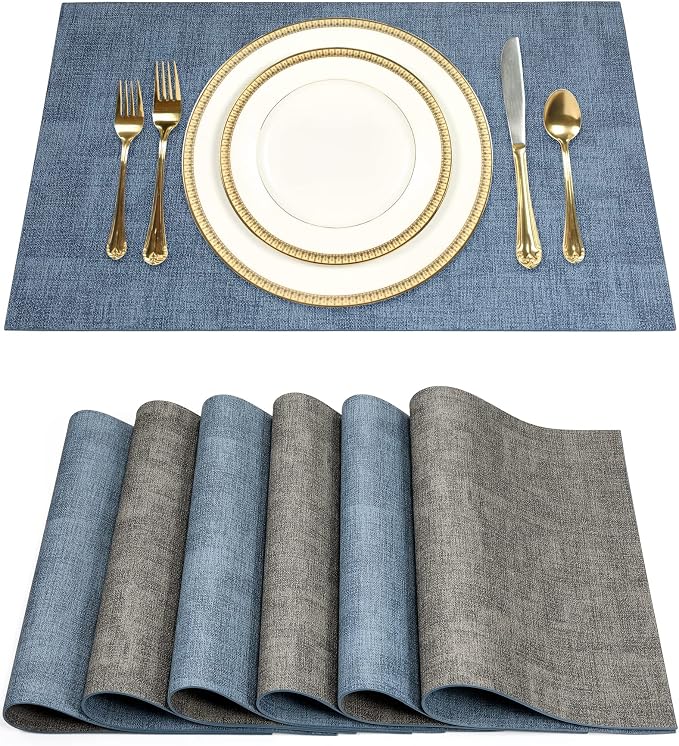 Leather Placemats Table Mats Set of 6, Denim Blue & Smoky Gray | Reversible Non-Slip Table Placemats, Heat-Resistant and Waterproof for Dining Kitchen and Holiday Parties