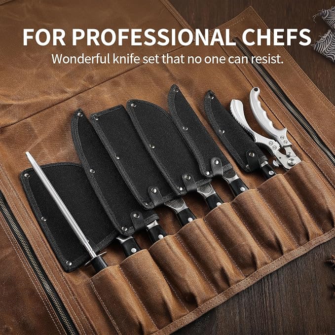 Chef Knife Set with Bag, Hand Forged High Carbon Steel BBQ Knives Set | Professional Japan Nakiri Santoku Knife Set with Accessories for Kitchen, Camping Meat Boning Carving Cleaver Butcher Knives