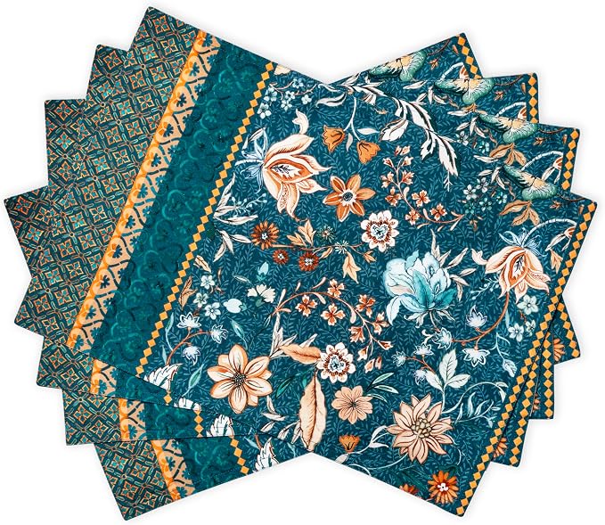 Maison d' Hermine Placemats Set of 4 Reusable 100% Cotton (13"x19") | Cloth Place Mats Washable Table Mats for Kitchen Dining Party Wedding Home Thanksgiving Christmas - Luxury Loft - Dark Teal