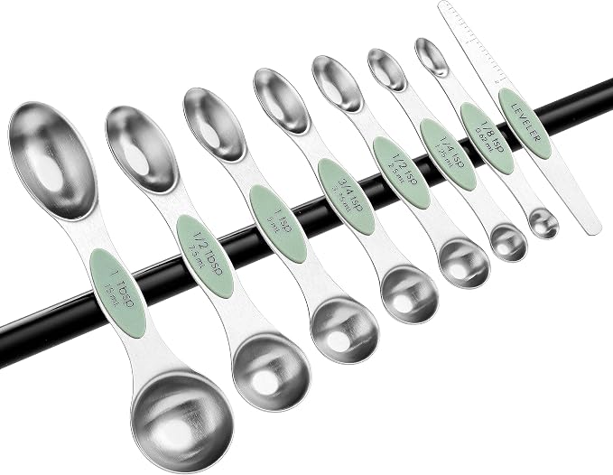 Spring Chef Stainless Steel Magnetic Measuring Spoons Set of 8, Pistachio | Nesting Metal Teaspoon & Tablespoon Measuring Spoons with Leveler for Dry & Liquid Ingredients, Dual Sided, Dishwasher Safe
