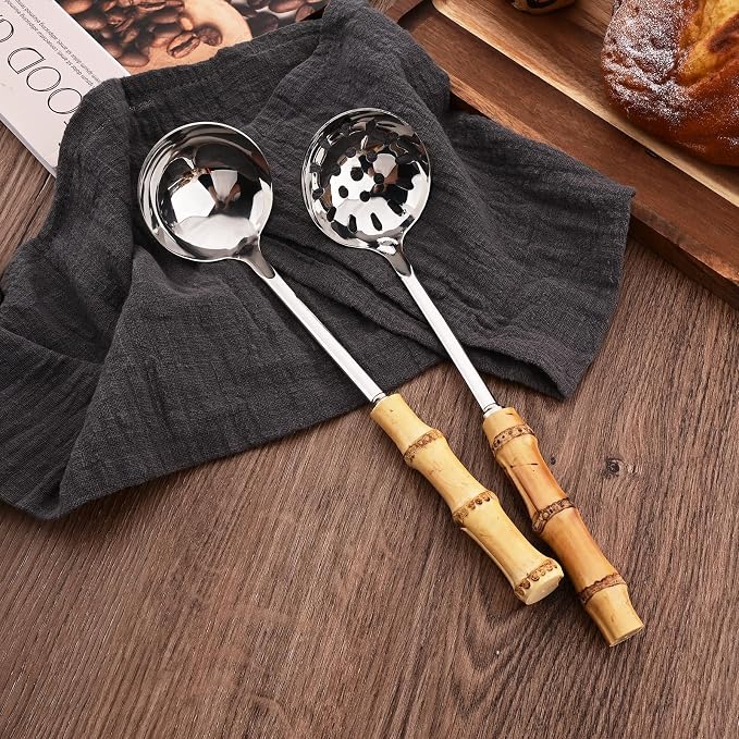 Soup Ladle and Slotted Spoon Set, 304 Stainless Steel Serving Utensils with Natural Bamboo Handle, Soup Spoons For Serving Gravy Hot Pot Or Restaurant, 10.2 Inch, 4 PCS / 2 of Each