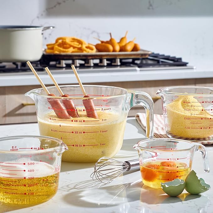 Le'raze Set of 3 Glass Measuring Cups with Measuring Spoons & Whisk - Kitchen Mixing Bowl Liquid Measure Cup, Glass Bakeware. 1 cup, 2 cup, 4 cup., Multi Size, Clear