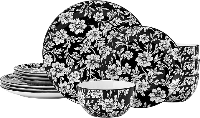 Pfaltzgraff Midnight Blooms 12 Piece Floral Stoneware Dinnerware Plate Bowl Dish Set, Service for 4, Black