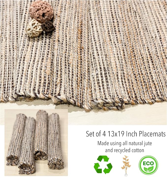 Natural Jute & Brown Placemats, Set of 4 – Rustic Handmade Boho Table Mats, 13x19 Inch Dining Table Placemats for Kitchen, Everyday Meals, Holidays, Farmhouse or Modern Table Décor