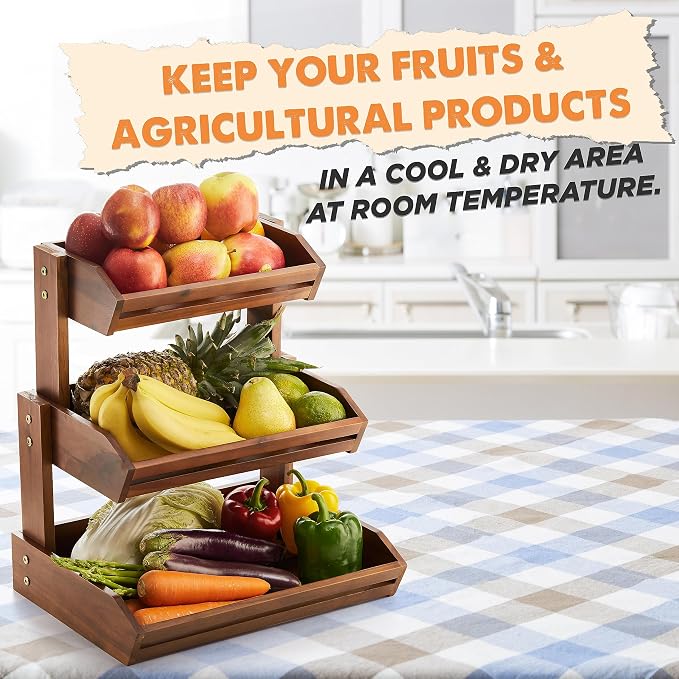 HOLANA Acacia Wood 3 Tier Fruit Basket, Durable, for Fruit and Vegetables | Solid Acacia Wood, Non-slip Pad, 20LBS Capacity, Slatted Design, Multi-Purpose Storage, Easy Assembly, Pantry Bin. Detachable