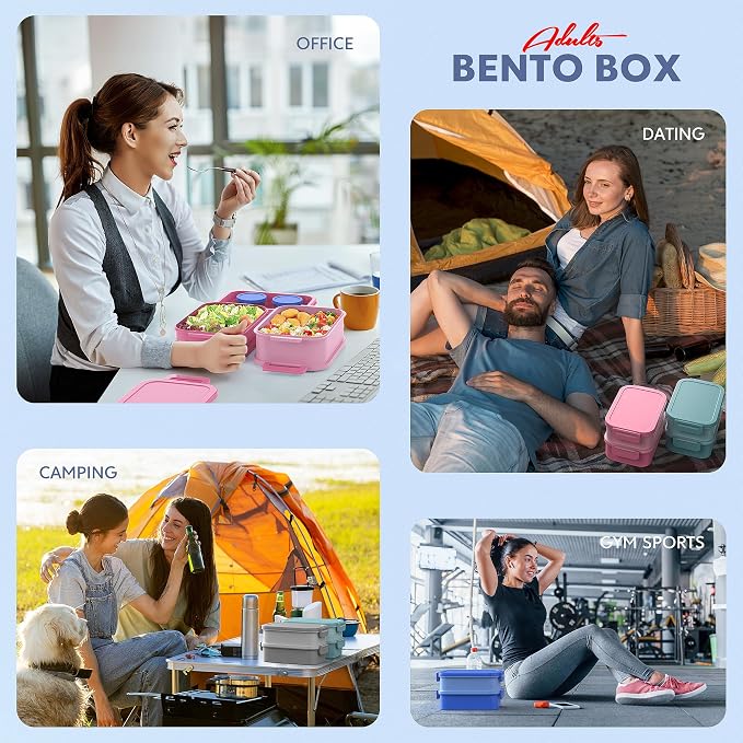 Adult Bento Lunch Box - 3 Layers Stackable Bento Lunch Box for Adults, 72oz Large All-in-One Bento Box Leak-Proof Lunch boxes with Utensil Sauce Containers, Ideal for Dining Out,Work, Blue