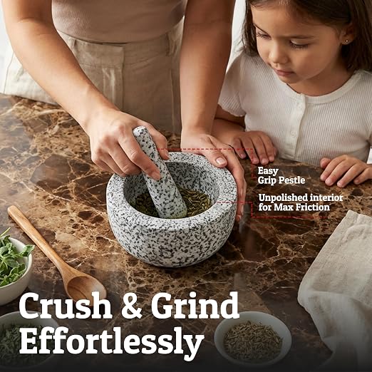 Heavy Duty Large 4 Cup Mortar and Pestle Set, 100% Natural Granite, 7 Inch Diameter Bowl, 7.2 Inch Pestle, Non-Slip Base, Stone Grinder for Guacamole Salsa Pesto Herbs Spices, Grey