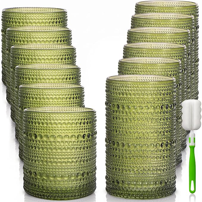 Hobnail Drinking Glasses Set of 12 Kitchen Glass Cups Glassware, Green | 12 oz Highball Glasses & 10 oz Cocktail Glasses, Clear Embossed Glassware Set for Beer, Juice, Cocktail, Whiskey, Milk