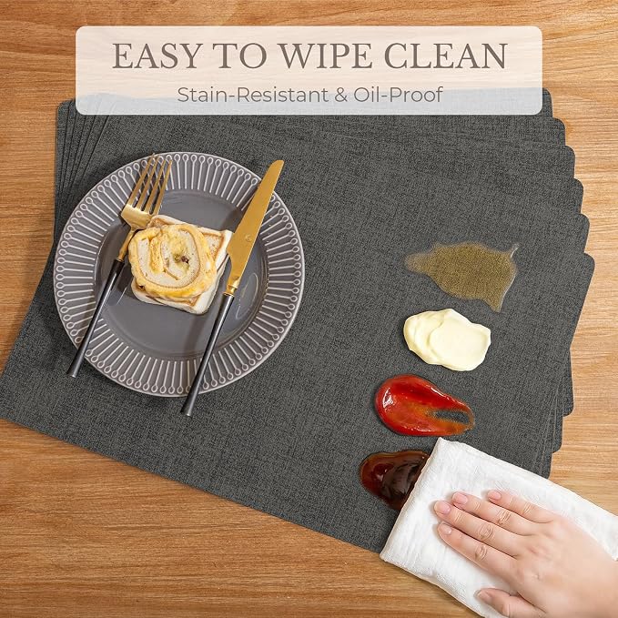 Romanstile Vinyl Placemats Set of 8-12 X 17 Inch - Faux Leather 100% Waterproof Wipeable Anti Slip Place Mats, Heat Resistant Reversible PU Table Mats for Kitchen Dining Party Outdoor, Charcoal