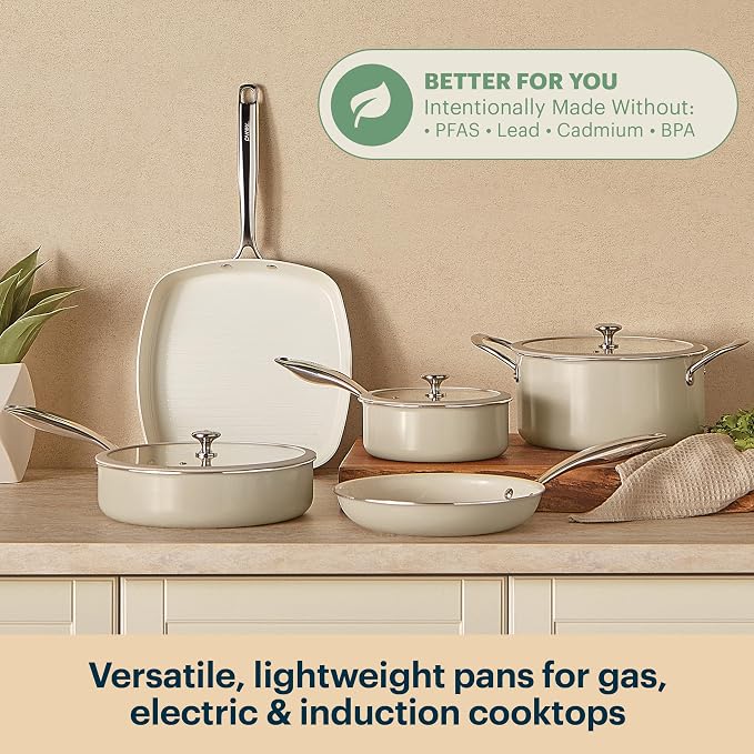 Pyrex 8-Piece Ceramic Cookware Set, Pots and Pans with Lids & Handles | Healthy nonstick ceramic coating, induction compatible stainless steel, PFAS Lead Cadmium BPA Free