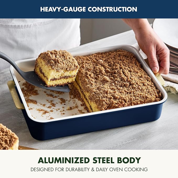 GreenPan Bakeware 13” x 9” Rectangular Cake Pan, Ceramic Nonstick Baking Pan, PFAS & BPA Free, Gold Handles, Durable Steel, Freezer to Oven Dish, Scratch Resistant, Bake & Roast Ovenware, Oxford Blue