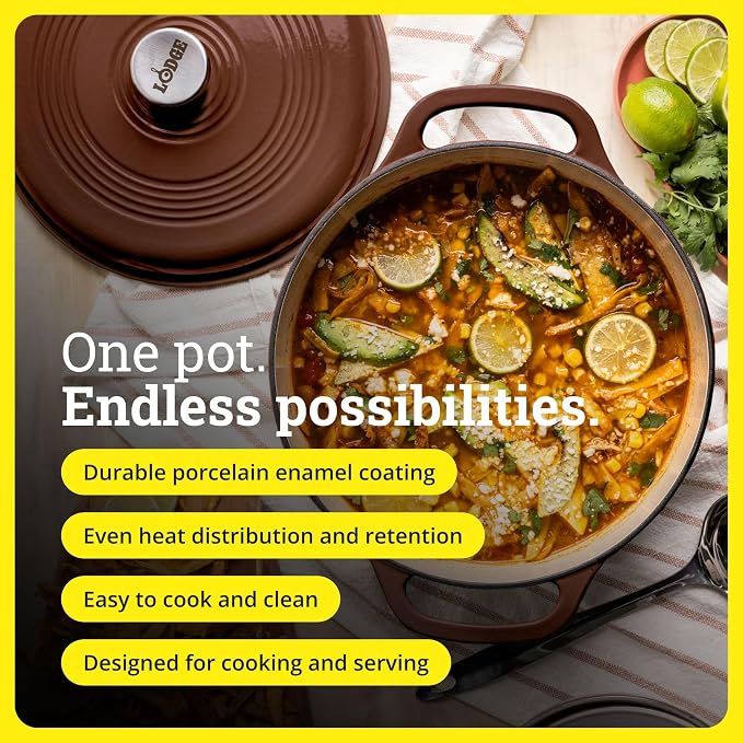 Lodge Essential Enamel Cast Iron Dutch Oven 6 Quarts - Perfect for Bread Baking, Braising, Marinating & Slow Cooking, Features Moisture-Sealing Lid & Dual Handles, Kitchen Essentials, Burnt Sienna