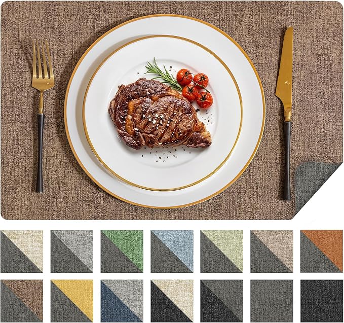 Romanstile Vinyl Placemats Set of 6, Reversible Faux Leather Heat Resistant Wipeable Table Mats, Waterproof Washable Non-Slip Table Placemats for Dining/Kitchen/Party/Outdoor (Grey Brown, 12" x 17")
