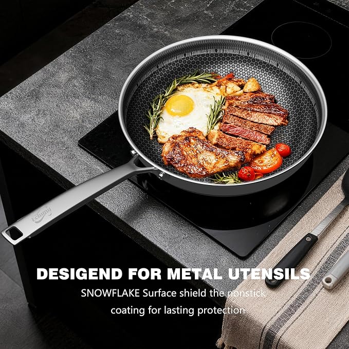 Non Stick Frying Pans w/ Lid, 12in 3-Ply Stainless Skillet, Hybrid Ceramic Coating, PFOA/PFAS/PTFE-Free, Induction Compatible, Dishwasher Oven Safe, Metal Utensil Safe, Scratch-Proof, Stay-Cool Handle