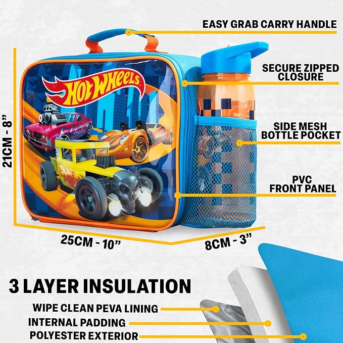 Get Trend Hot Wheels Lunch Bag, Bento Box & Water Bottle, 3 Pc Set | Insulated Lunch Bag, Lightweight Snack Box, 22 fl oz BPA-Free Water Bottle with Straw, School, Picnic, Gamer Gifts for Boys