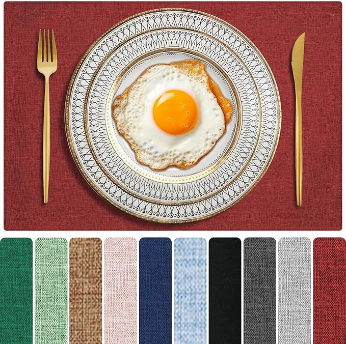 Cloth Placemats Set of 4, Cotton Linen Blend Place Mats, Red | Machine Washable, Double Layered, Heat Resistant, Fabric Dining Table Mats for Kitchen, Indoor & Outdoor, 13" x 19"