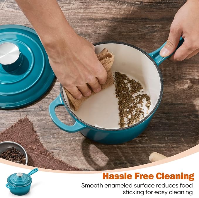 Homikit Cast Iron Sauce Pan, 2 Quart Enameled Cast Iron Saucepan with Lid for All Cooktops, Small Pot Dutch Oven for Kitchen Cooking, Boiling, Nonstick & Heavy Duty, Teal Ombre