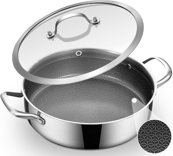 Inqibee 5 QT Saute Pan with Lid, 12 Inch Deep Frying Pan, Riveted Handle | Hybrid Ceramic Nonstick Cookware, Tri-Ply Stainless Steel Pan, PFOA Free, Induction Cooking Pan, Dishwasher and Oven Safe