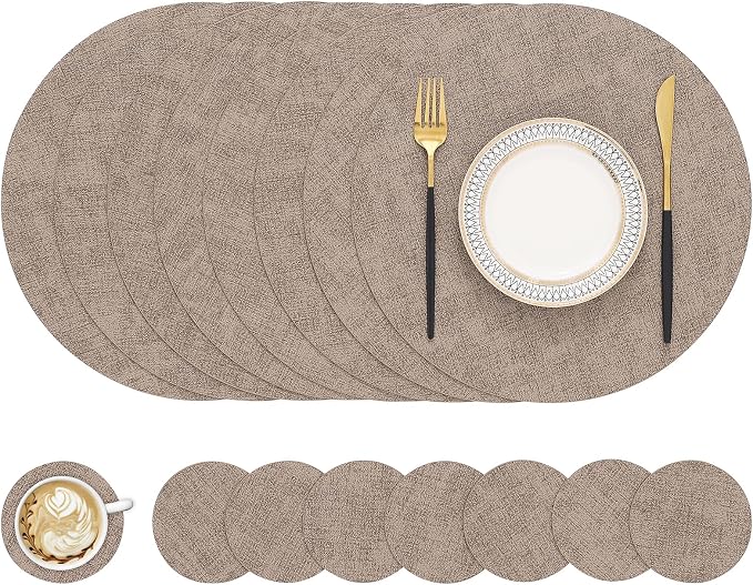 Round Faux Leather Placemat and Coaster 8 Packs, Washable Heat Resistant Dining Place Mats, Wipeable Double-Sided Table Mats for Indoor and Outdoor, Diameter 13 and 3.93 inch, Camel