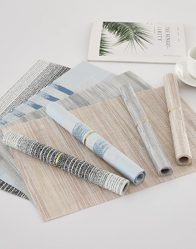 Leetaltree Geometric Print Blue Placemats Set of 12 - Heat Resistant Non-Slip Place mats for Dining Table, Washable Durable PVC Vinyl Woven Table Mats (Geometric Blue, 12)