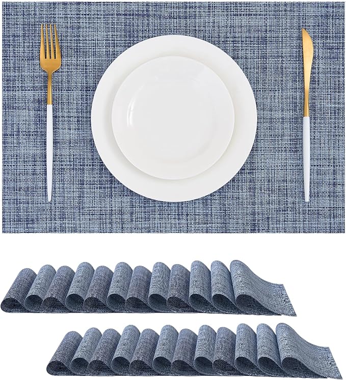 Leetaltree Deep Navy Woven Placemats Set of 24 - Heat Resistant Non-Slip Place mats for Dining Table, Washable Durable PVC Vinyl Woven Table Mats(Deep Navy, 24)
