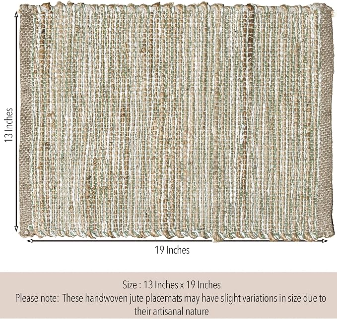Natural Jute Sage Green-White Placemats, Set of 4, 13x19 | Rustic Handmade Boho Table Mats, In Dining Table, Kitchen, Everyday Meals, Holidays, Farmhouse or Modern Table Décor