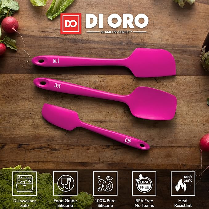 DI ORO Silicone Spatula Set - 600F Heat Resistant, 3-Pc Magenta | Rubber scraper won't scratch nonstick pans; For baking, cooking, mixing, and frosting; BPA-free and dishwasher safe
