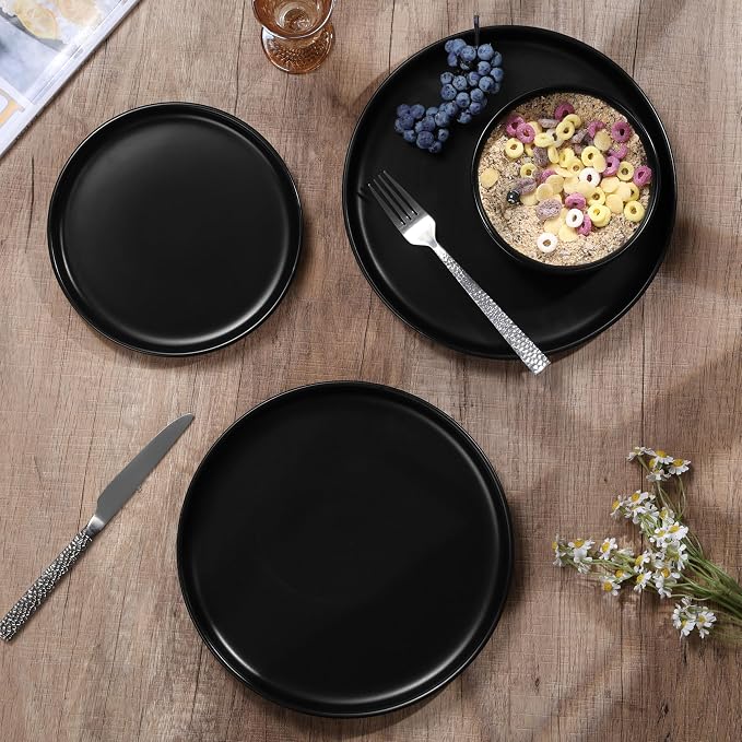 HaWare Stoneware Dinnerware Sets, 18-Piece Plates and Bowls Set for 6, Dishes Set for Home Restaurant, Frosting Black