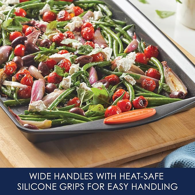 Rachael Ray Nonstick Bakeware with Grips, Nonstick Cookie Sheet / Baking Sheet - 11 Inch x 17 Inch, Gray with Orange Grips