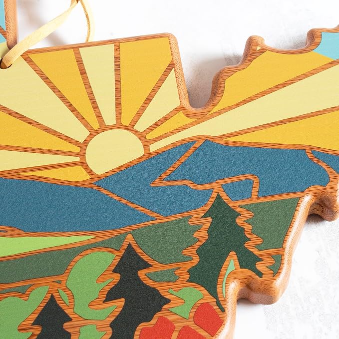 Totally Bamboo West Virginia State Shaped Cutting Board, Summer Stokes Art | State charcuterie board with colorful hand-drawn landscape art. Smooth reverse side for food prep. Hang tie for wall display.