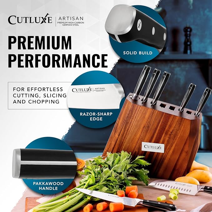 Cutluxe Kitchen Knife Set, 8-Piece Chef Knives with Acacia Wood Block | Razor Sharp Full Tang Blades, High Carbon German Steel – Artisan Series, Professional