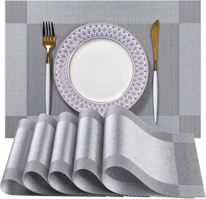 LEXMORE Placemats Set of 8 Vinyl/Plastic Woven Place Mats for Kitchen Table Indoor/Outdoor Washable Placemat Wipeable Dining Table Mats(Silver Cube)