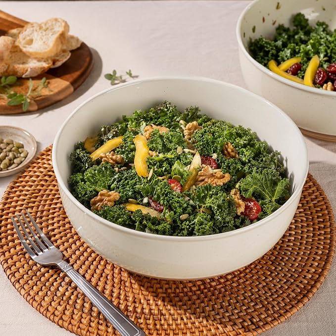 AmorArc 9.8’’ Ceramic Serving Bowls, 3.1 Qt Extra Large Salad Bowls Set of 2, Stoneware Oversized Bowls with Rustic Terracotta Underside for Salad, Soup and Dinner. Large Bowls for Entertaining &Gift
