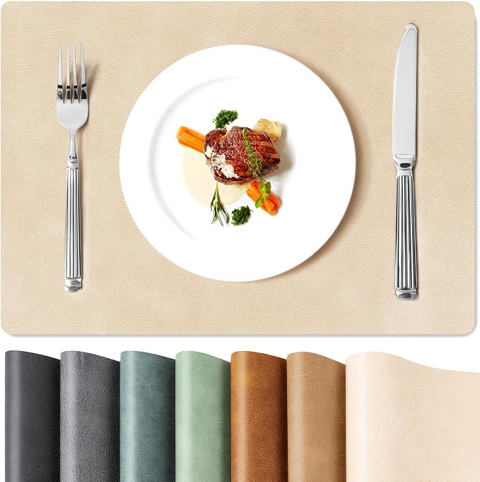 Roxifina Faux Leather Placemats Set of 8 - Vinyl Placemats Wipeable Waterproof Oil-Proof PU Place Mats Heat Resistant Reversible Table Mats for Dining, Kitchen, Outdoor, 12 x 17 Inch (Beige)
