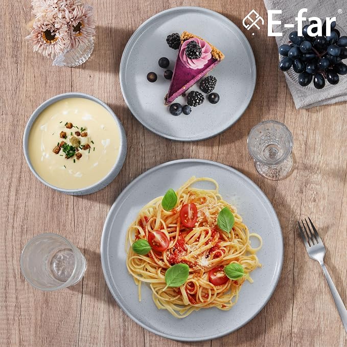 E-far Dinnerware Sets for 8, 24-Piece Stoneware Plates and Bowls Set, Gray | Modern Kitchen Dining Dishware, Chip and Scratch Resistant, Microwave & Dishwasher Safe, Speckled Gray