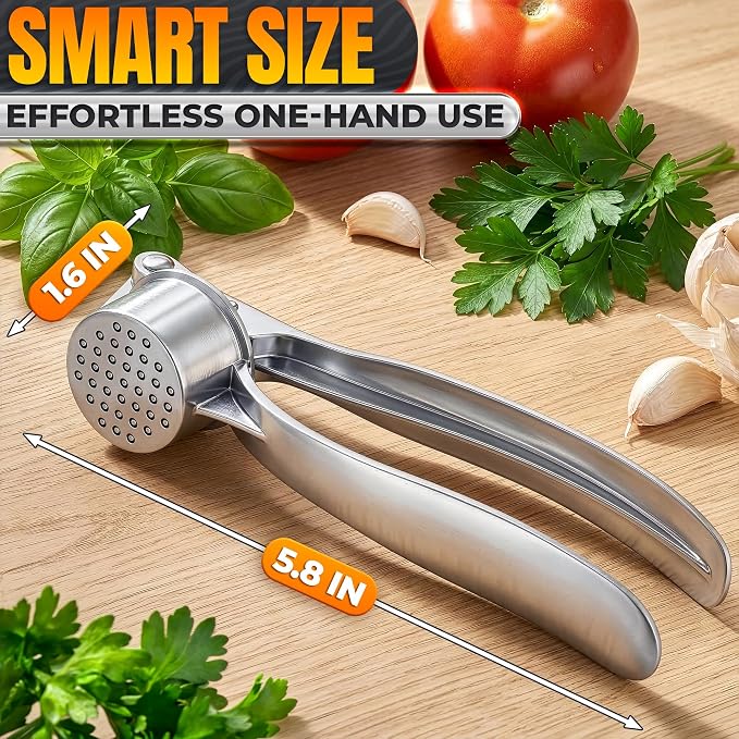 Metal Garlic Press - Ginger Mincer with 37 Built-In Studs for Maximum Extraction, Garlic Crusher for Ginger and Soft Nuts, Rust-Resistant, Ergonomic Handle, No Peel Needed, Hand Wash Only, Silver