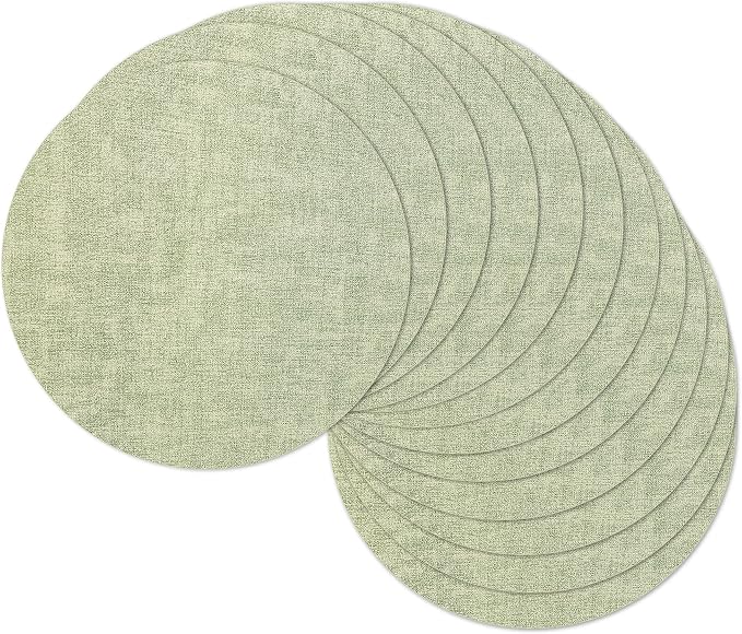 13" Round Placemats Set of 12, Reversible Faux Leather Wipeable Table Mats | 2mm Vinyl Heat Resistant Waterproof Oilproof Scratch Proof Non-Slip, Washable for Kitchen Dining Indoor Outdoor (Light Green)