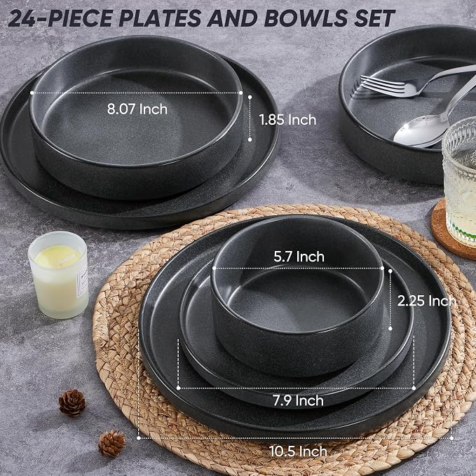E-far Dinnerware Sets with Pasta Bowls, 24-Piece, Deep Gray | Stoneware Plates and Bowls Sets for 6, Chip and Scratch Resistant, Microwave & Dishwasher Safe Kitchen Modern Dish Set