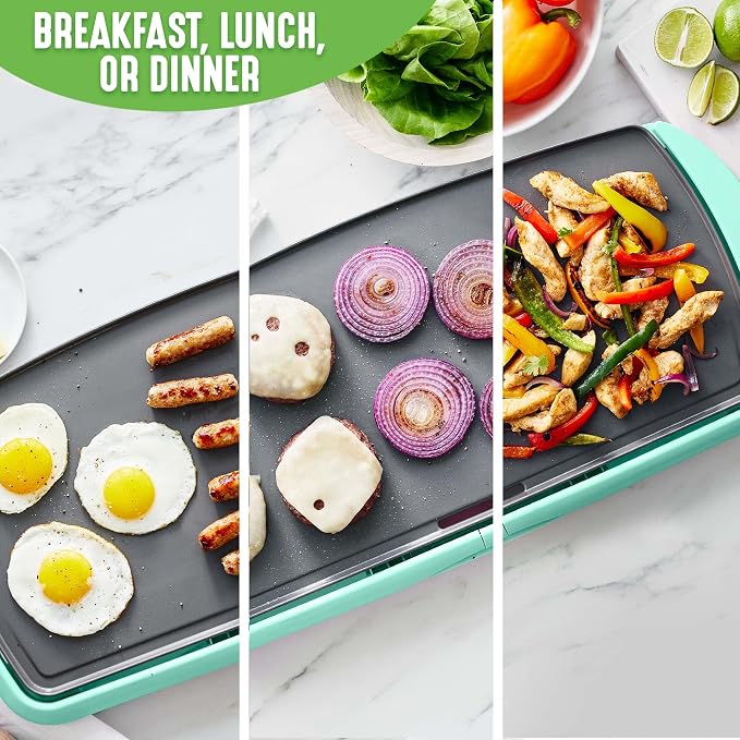 GreenLife 20" Extra Large Electric Griddle, Turquoise | PFAS-Free Ceramic Nonstick Coating, Temperature Control, Removable Dishwasher Safe Drip Tray, Pancakes, Eggs, Omelet, Burgers