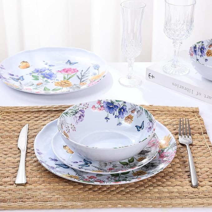 12 Piece Melamine Dinnerware Sets - Plates And Bowls Sets Floral | Dinnerware Sets- Spring Camping Dishs Indoor Outdoor Use,Flowers And Butterflies Pattern Tableware Lightweight Service for 4