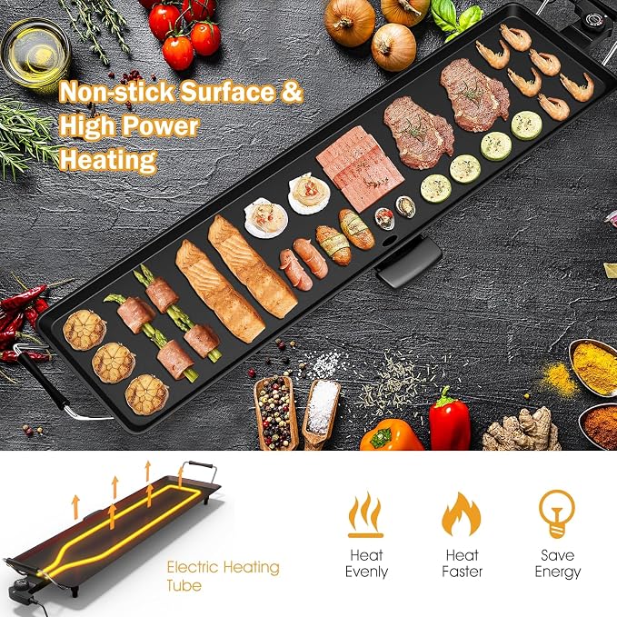 35'' Electric Griddle Teppanyaki Grill, Nonstick Extra Large Cooking Plate for Pancake Barbecue, Indoor Outdoor Table Top Grill with Adjustable Temperature & Drip Tray, 2000W