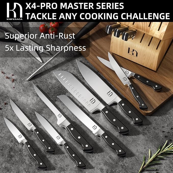 KnifeSaga Japanese Knife Set with Sharpener, Premuim, Razor Sharp, 15 Pcs | Innovative Steel, High Carbon Stainless, Enduring Sharpness, Ergonomic Handle, Quality Acacia Wood Block, Full-tang, Gift Box
