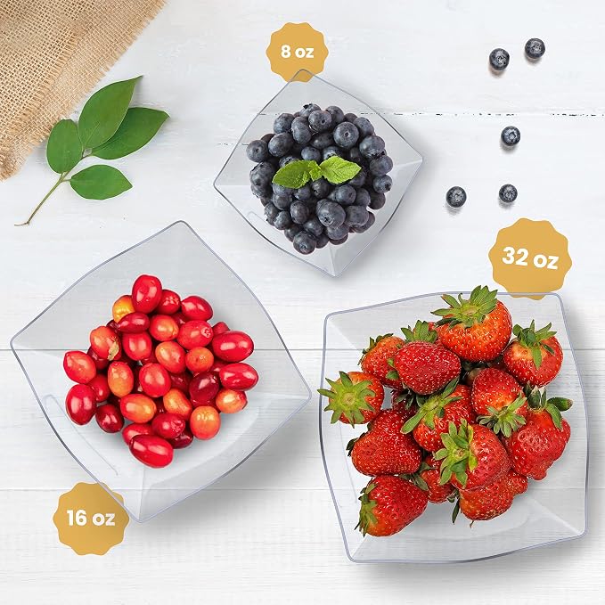 R-kay 6 Pack Square Small Plastic Serving Bowls 8 oz - Small Plastic Bowls for Parties, Premium For Weddings Catering And Birthday parties
