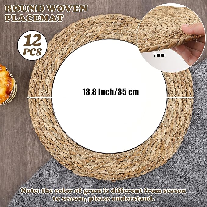 Kochorie Set of 12 Round Woven Placemats - 13.8 Inches Natural Boho Rattan Wicker Table Mats for Home Dining Table