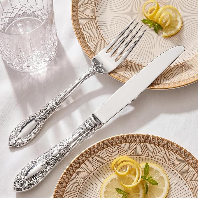 OSVSEE Vintage Silverware Set, 18/10 Stainless Steel Flatware Set for 4 | Heavy Duty Flatware with Royal Palace Handles, Mirror Polished Cutlery, Dishwasher Safe Silverware for Weddings & Gift Giving