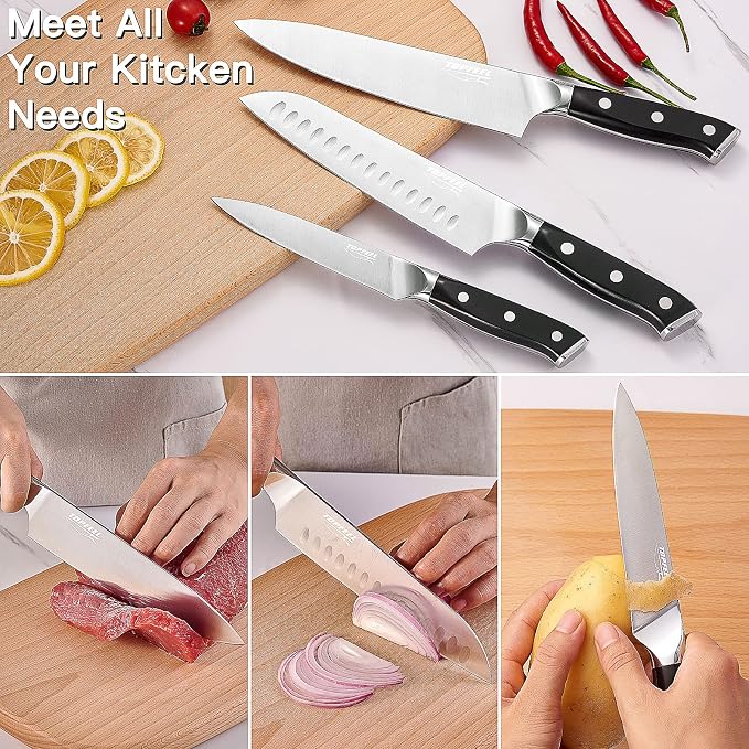 Topfeel 3PCS Chef Knife Set, German High Carbon Steel | Includes 8" chef, 7" santoku & 5" utility knives. Precision forged with full tang. Premium gift packaging for cooks